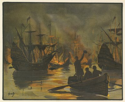 A Armada invencível atacada por navios de fogo (lito colorido) de John Hassall