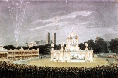 Exibição de fogos de artifício realizada em Green Park para celebrar a derrota de Napoleão, gravada por Matthew Dubourg pub. 1814 (gravura) de John Heaviside (after) Clark
