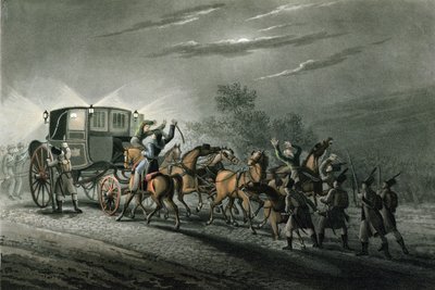 A captura do transporte, papel e tesouro de Bonaparte pelo major von Keller, Waterloo, 18 de junho de 1815, gravado por Matthew Dubourg (fl.1813-20) de John Heaviside Clark