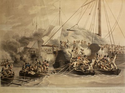 Os barcos a remo do Quebec, Corvo, Esforço e Redbreast, Alerta e Princesa Augusta, 1811 (aquatint) de John Heaviside Clark