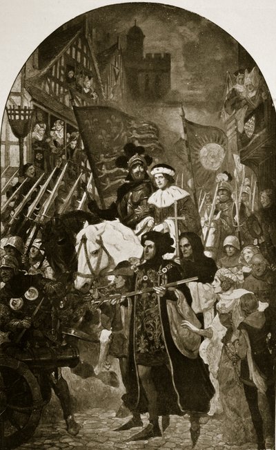 Henrique VI é levado para a Batalha de Barnet, 1471, ilustração da "Hutchinson&39;s Story ofthe British Nation", c.1923 de John Henry Amshewitz