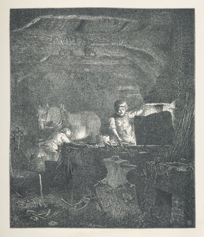 Ilustração 13. Um ferreiro.  Fotos da Natureza. Uma série de trinta ilustrações originais desenhadas em madeira por J. H. Dell e gravadas por R. Paterson.  John Henry Dell de John Henry Dell