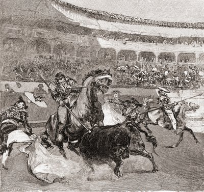 Uma tourada em Sevilha, Espanha, da revista Century Century Monthly Magazine, publicada em 1884 (gravura em madeira) de John Henry Ellsworth Whitney