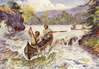 Canadenses atirando corredeiras em canoas (cor litho) de John Henry Frederick (after) Bacon