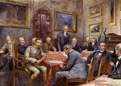 Assinatura do tratado de paz em Pretória (cor litho) de John Henry Frederick (after) Bacon
