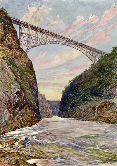 A ponte sobre as cataratas de Victoria, Rodésia (cor litho) de John Henry Frederick (after) Bacon