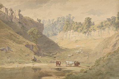 Gado em um bebedouro em um vale, 1830-86. de John Henry Mole