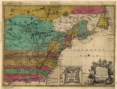 Um mapa das colónias britânicas e francesas na América do Norte. LOC 77690484 de John Hinton