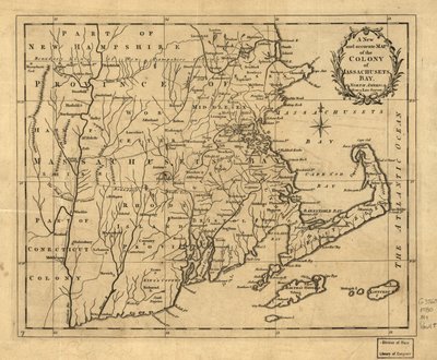 Um mapa novo e preciso da colónia da Baía de Massachusetts (i.e. Massachusetts), na América do Norte, a partir de um levantamento tardio. LOC 2001620337 de John Hinton