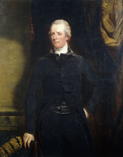 Retrato de William Pitt, com três quartos de casaco e calça escura, de John Hoppner