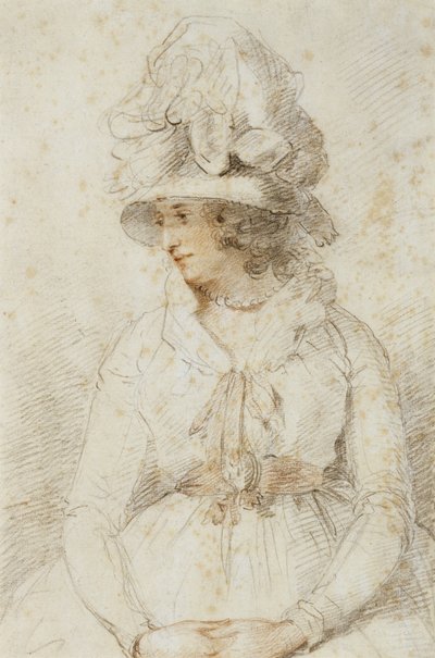 Retrato de uma senhora, de 1780 (giz preto e vermelho aumentado com branco no papel colocado amarelo) de John Hoppner