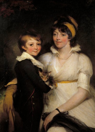 Mulher jovem e rapazinho segurando um gato Pintura de John Hoppner (1758-1810) de John Hoppner