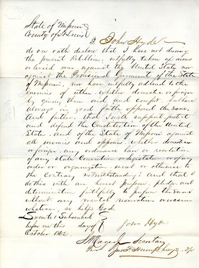 Juramento de lealdade de John Hyde do Missouri, Condado de St.Louis de John Hyde
