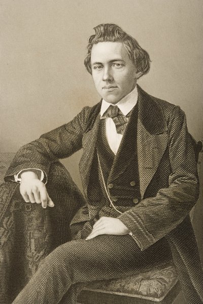 Paul Charles Morphy (1837-1884), gravado por DJ Pound de uma fotografia, de "A Sala de Estar de Personagens Eminentes, Volume 2", publicado em Londres, 1860 de John Jabez Edwin Paisley Mayall