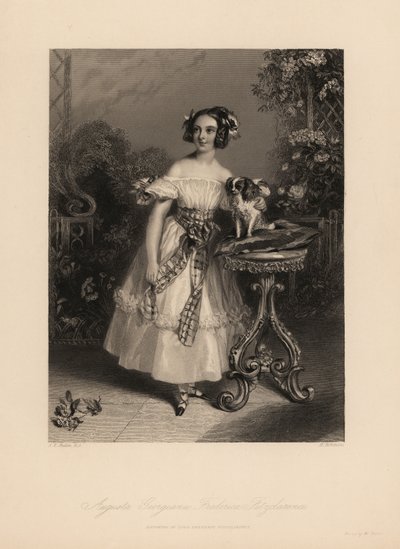 Augusta Georgina Frederica Fitzclarence, filha do Senhor Frederic Fitzclarence, filho ilegítimo do Rei Guilherme IV. Usa o cabelo em argolas e fitas, veste um vestido amarrado com uma faixa, segura o rei Charles spaniel em um cushio. de John James (after) Chalon