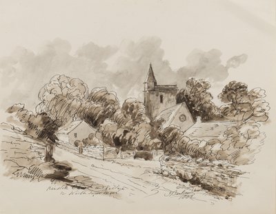 Igreja de Kewstoke e Aldeia, Weston Super Mare, Somerset, 1882 (caneta, pincel e tinta sobre papel) de John Joseph Barker