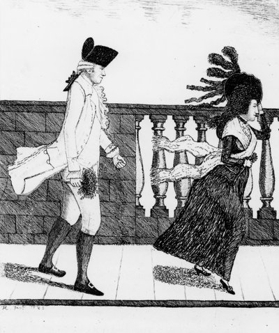 Dr. James Graham indo ao longo da ponte norte em um vento forte, 1785 de John Kay