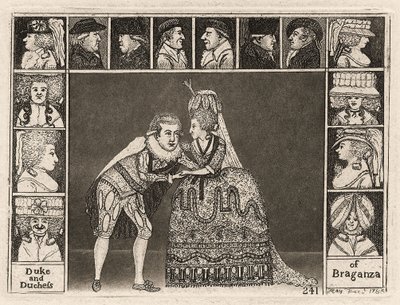 Mary Ann Yates e Laurence Clinch Tocando o Duque e a Duquesa de Bragança em Bragança, rodeados por membros do público. 1785 de John Kay