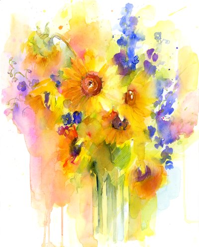 Girassóis e delphinium, 2016, (aquarela) de John Keeling