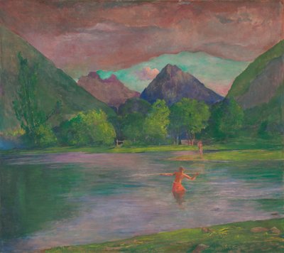 A entrada para o rio Tautira, Tahiti. Pescador lançando um peixe de John La Farge