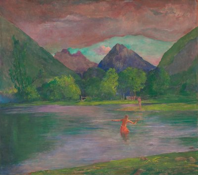 A Entrada do Rio Tautira, Tahiti. Fisherman Spearing a Fish, c. 1895. de John La Farge