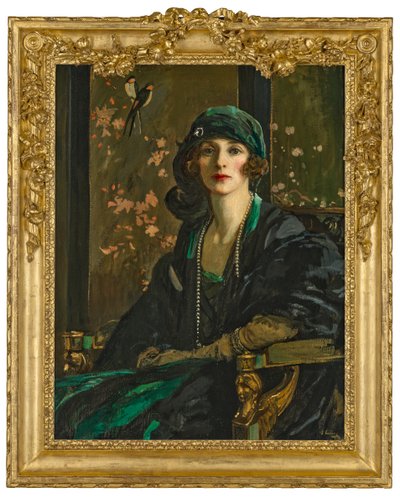 Uma senhora de preto e verde: Sra. Freda Dudley Ward de John Lavery