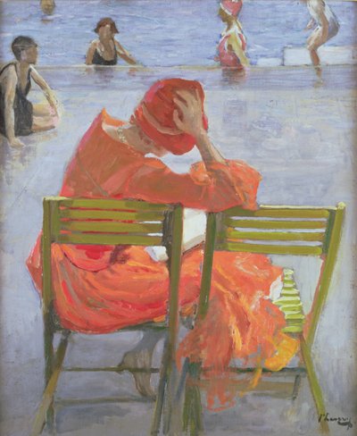 Menina de vestido vermelho lendo à beira da piscina de John Lavery