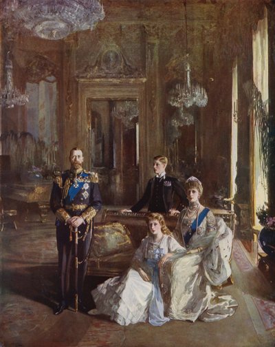 Rei George V, Rainha Maria, o Príncipe de Gales e a Princesa Maria na Sala de Estar Branca, Palácio de Buckingham, Londres, 1913 de John Lavery
