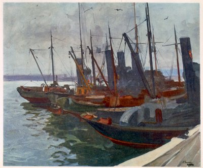 Minesweepers no porto, de artistas britânicos na frente, continuação da frente ocidental, 1918 de John Lavery