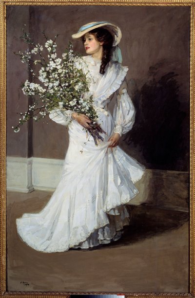 Primavera. Alegoria da Primavera: retrato de uma mulher vestida de branco com um buquê de flores. Pintura de Sir John Lavery (1856-1941) de John Lavery