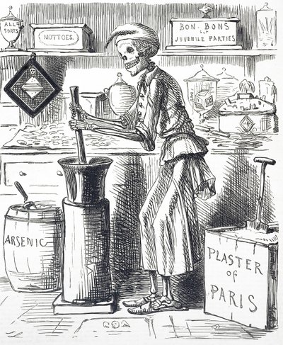 Desenho animado intitulado "Envenenamento por adulteração de alimentos de John Leech