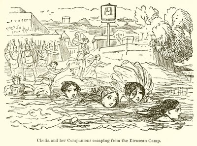 Claelia e seus companheiros escapam do acampamento etrusco de John Leech