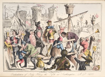 Embarque de Henry V. em Southampton, AD 1415, da The Comic History of England, pub. 1864 (gravura colorida à mão) de John Leech