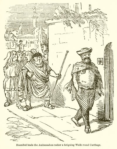 Hannibal lidera os embaixadores em vez de uma caminhada fatigante em Cartago de John Leech