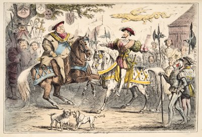 Encontro de Henry VIII Francis I, da história cómica de Inglaterra, bar. 1864 (gravura colorida à mão) de John Leech