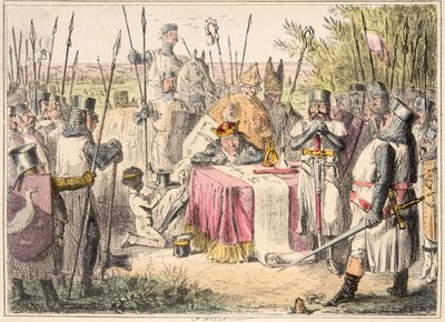 Rei John Assinatura Magna Carta, da história em quadrinhos da Inglaterra, pub. 1864 (gravura colorida à mão) de John Leech