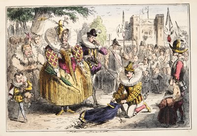 Rainha Elizabeth e Sir Walter Raleigh, da história cómica de Inglaterra, bar. 1864 (gravura colorida à mão) de John Leech