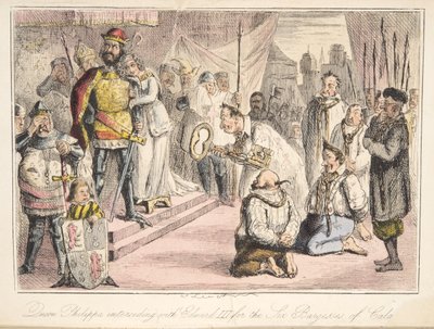 Rainha Philippa intercedendo com Edward III, pelas seis Burgesses de Calais, da História Comic da Inglaterra, pub. 1864 (gravura colorida à mão) de John Leech