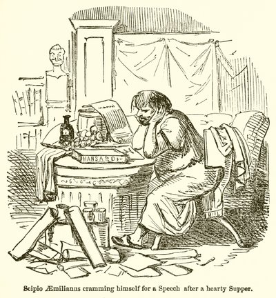 Cipião Aemilianus Cramming-se para um discurso depois de uma ceia entusiasta de John Leech