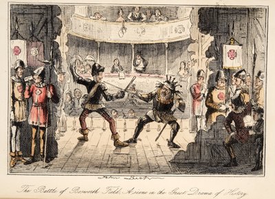A batalha do campo de Bosworth: Uma cena do grande drama da história, da história cómica de Inglaterra, bar. 1864 (gravura colorida à mão) de John Leech