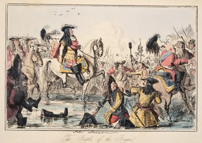 A Batalha do Boyne, da história cómica de Inglaterra, bar. 1864 (gravura colorida à mão) de John Leech