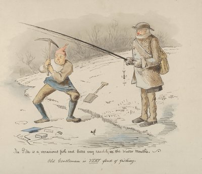 O Pike é um peixe voraz e morde facilmente nos meses de inverno - Velho Cavalheiro..., 1830-64. de John Leech