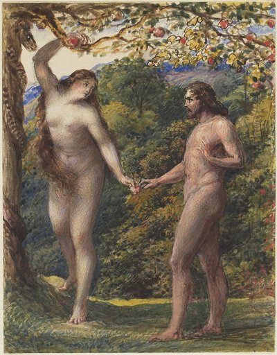 Eva Oferecendo o Fruto Proibido a Adão, 1830-35 (caneta e tinta marrom com wc aumentado com a cor do corpo sobre grafite em papel de capa) de John Linnell
