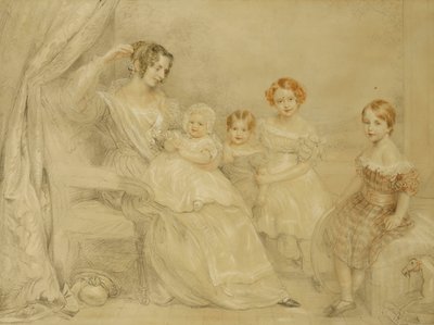 Retrato da Sra. WS Fry e seus quatro filhos: Emma, Willy, Julie e Georgina, sentados no interior, 1840 de John Linnell
