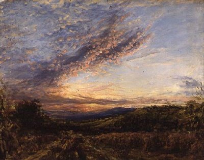 Pôr-do-sol sobre uma paisagem moura, início da década de 1850 (óleo sobre painel) de John Linnell