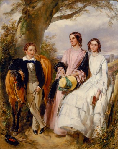 Retrato de Grupo de Duas Mulheres, um Rapaz e o seu Pónei (óleo sobre tela) de John Lucas