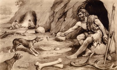 Homem das cavernas a alimentar um cão (litografia) de John Macfarlane