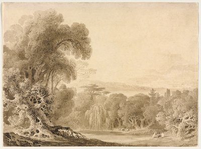 Figuras sentadas à beira de um lago em uma paisagem arborizada de John Martin