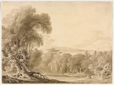 Figuras assentadas perto de um lago em uma paisagem arborizada, 1820. de John Martin