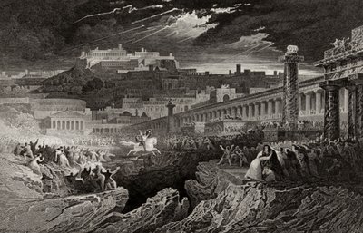 Marcus Curtius montando no abismo, gravado por H. Le Keux de John Martin